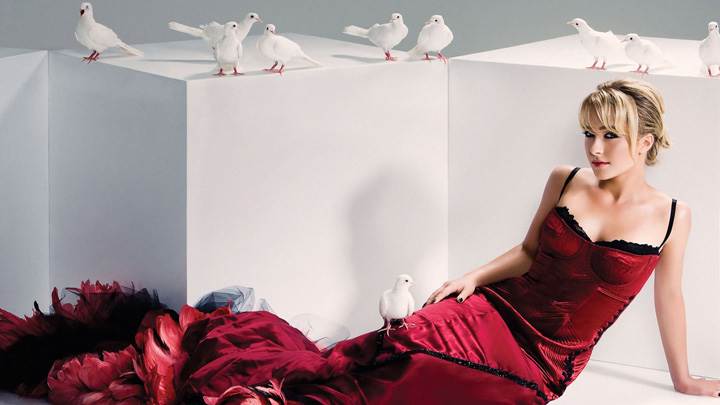 Hayden Panettiere Sitting In Long Red Dress